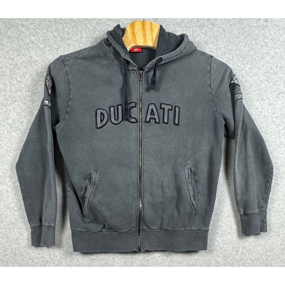 Ducati Full Zip Hoodie Mens XL Gray Embroidered Logo Racing Patches